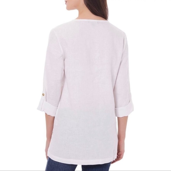 Ellen Tracy Company 100% Linen natural ivory tunic top Sz S lace up - Picture 2 of 11